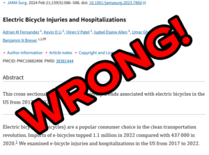 Screenshot of a JAMA Surg article page titled 'Electric Bicycle Injuries and Hospitalizations' with a bold red 'WRONG!' watermark across the page.