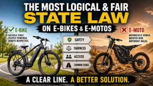 Electric bike on the left and electric motorcycle on the right flank a signpost listing Safety, Fairness, Access, and Common Sense.