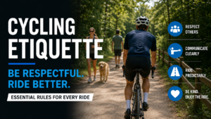 Poster-style banner about cycling etiquette: bold headline, blue subtext, and four icons with tips on the right (respect others, communicate clearly, ride predictably, be kind). Includes cyclists on a path with a dog in the background.